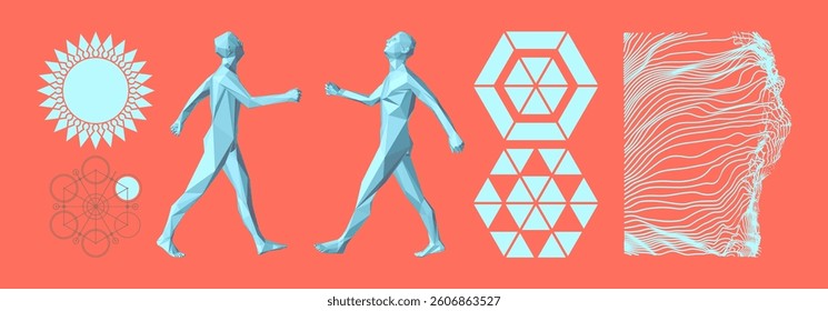 3D model of a human body stepping forwards. Low polygonal figure of a man. Array with dynamic emitted particles. Simple geometric figure like circles and lines. Abstract mechanical scheme. Vector.