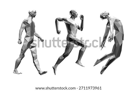 3D model of a human body stepping forwards. Jumping man. Running man or marathon runner. Design for sport. Models of polygonal people in different poses. Vector for brochure, presentation or banner.