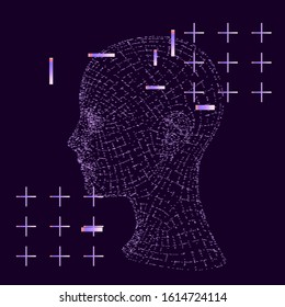 3D model of human head made of particles and dots. Cyberpunk retrofuturistic style illustration for Artificial Intelligence and Virtual Reality subject.