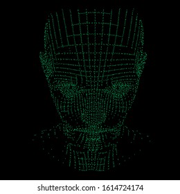 3D model of human head made of particles and dots. Cyberpunk retrofuturistic style illustration for Artificial Intelligence and Virtual Reality subject.
