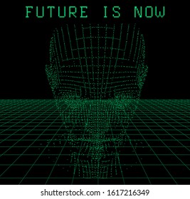3D model of human head made of particles and dots. Cyberpunk retrofuturistic style illustration for Artificial Intelligence and Virtual Reality subject.
