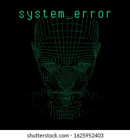 3D model of human head made of particles and dots. Cyberpunk retrofuturistic style illustration for Artificial Intelligence and Virtual Reality subject.