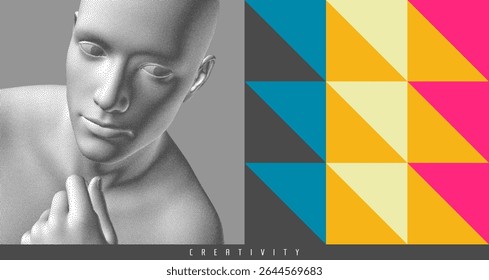 3D model of human head in stipple style. Thinking creatively. Professional designer choose colours. Creative thinking of the creator. Vector for presentation, poster, cover,  flyer, banner or brochure
