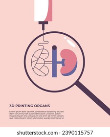 3D model of a human kidneys. Bioprinting of organs. Medicine of the future. Flat vector illustration in cartoon style.