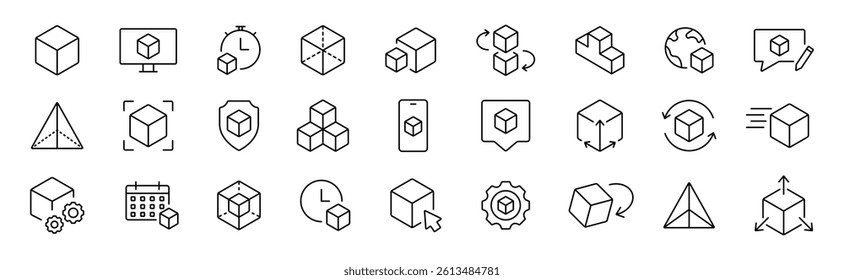 3D model icons set. Cube, engineering outline symbols. Three-dimensional vector icons