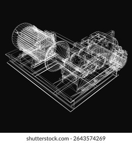 A 3D model of an industrial gearbox with intricate mechanical details, featuring an electric motor and precision-engineered components. The blueprint-style rendering highlights internal mechanisms.