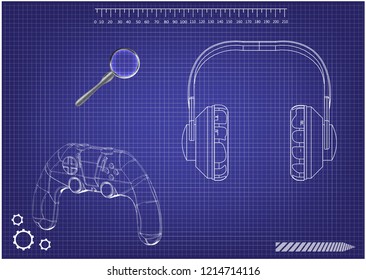 3d model of joystick and headphones on a blue background. Drawing