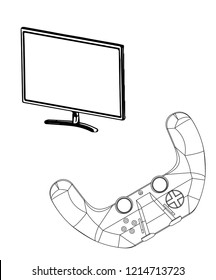 3d model of joystick and monitor on a white background. Drawing