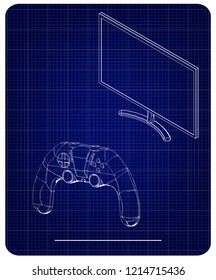 3d model of joystick and monitor on a blue background. Drawing
