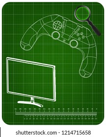 3d model of joystick and monitor on a green background. Drawing