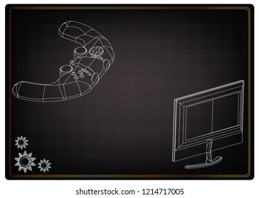 3d model of joystick and monitor on a black background. Drawing