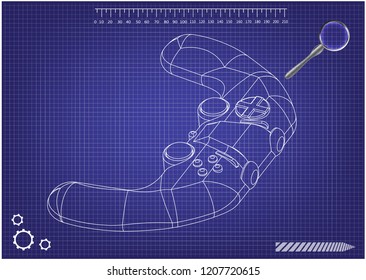 3d model of joystick on a blue background. Drawing