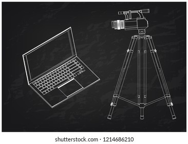 3d model of laptop and camcorder with a tripod on a black background