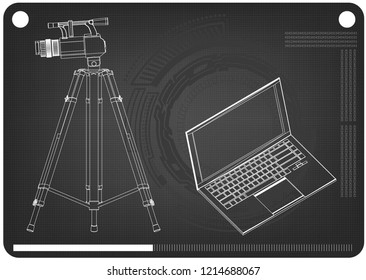 3d model of laptop and camcorder with a tripod on a black background