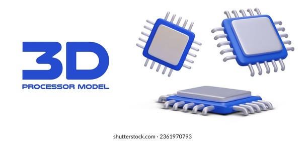 Modelo 3D del procesador principal. Conjunto de códigos de máquina, operaciones matemáticas y lógicas del sistema informático. Iconos azules aislados sobre fondo blanco. CPU vectorial en diferentes posiciones