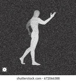 3D model of man. Black and white grainy dotwork design. Stippled vector illustration.