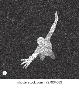3D model of man. Black and white grainy design. Stippled vector illustration.