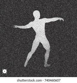 3D model of man. Black and white grainy design. Stippled vector illustration.