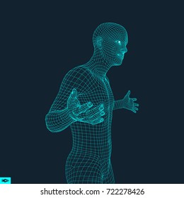 3d model of man. Human body wire model. Design element. Technology vector illustration.