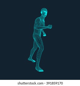 3D Model of Man. Polygonal Design. Geometric Design. Business, Science and Technology Vector Illustration. 3d Polygonal Covering Skin. Human Polygon Body. Human Body Wire Model. 