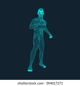 3D Model of Man. Polygonal Design. Geometric Design. Business, Science and Technology Vector Illustration. 3d Polygonal Covering Skin. Human Polygon Body. Human Body Wire Model.