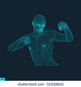 3D Model of Man. Polygonal Design. Geometric Design. Business, Science and Technology Vector Illustration. 3d Polygonal Covering Skin. Human Polygon Body. Human Body Wire Model. 