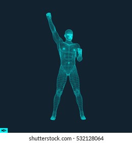 3D Model of Man. Polygonal Design. Geometric Design. Business, Science and Technology Vector Illustration. 3d Polygonal Covering Skin. Human Polygon Body. Human Body Wire Model. 