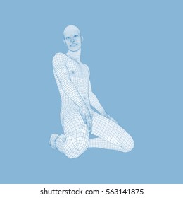 3D-Modell des Menschen. Polygonales Design. Vektorgrafik. 3d Polygonal Covering Skin. Menschlicher Polygonkörper. Human Body Wire Model.