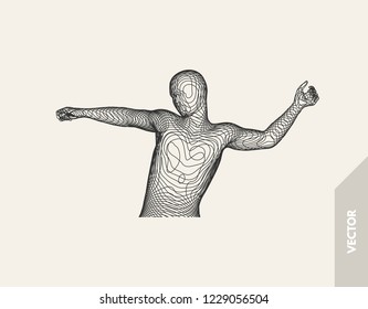 3d model of man. Vector illustration. Wire connection to virtual reality. 