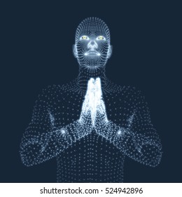 3D Model of Man. Man who prays. Concept for Religion, Worship, Love and Spirituality. Vector Illustration. 