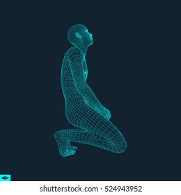 Modelo 3D do Homem. Homem que reza. Conceito de religião, adoração, amor e espiritualidade. Ilustração de vetor. 
