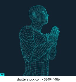 Modelo 3D de hombre. Hombre que reza. Concepto de religión, culto, amor y espiritualidad. Ilustración vectorial. 
