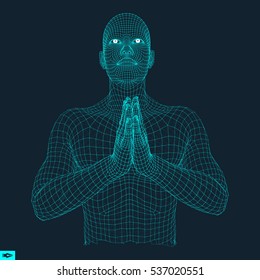 3D Model of Man. Man who prays. Concept for Religion, Worship, Love and Spirituality. Vector Illustration. 
