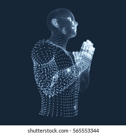3D Model of Man. Man who prays. Concept for Religion, Worship, Love and Spirituality. Vector Illustration. 