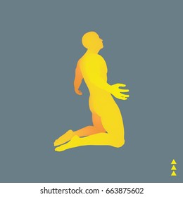 Modelo 3D do Homem. Homem que reza. Conceito de religião, adoração, amor e espiritualidade. Ilustração de vetor. 