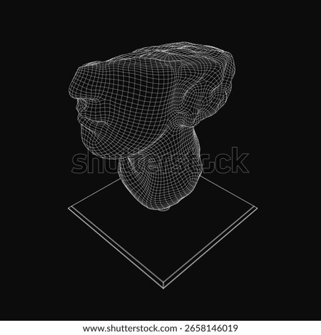 A 3D model of a man's head with a detailed wireframe overlay, centered on a sleek black background. The digital sculpture highlights anatomical precision and modern design aesthetics.
