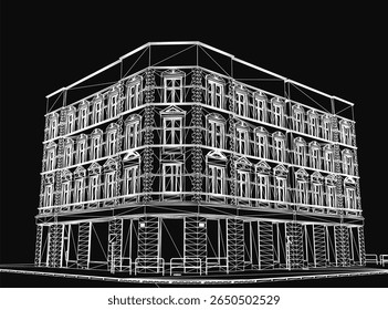 A 3D model of a modern building blueprint on a black background, featuring detailed windows, balconies, and architectural elements. The clean design highlights structural precision and contemporary.