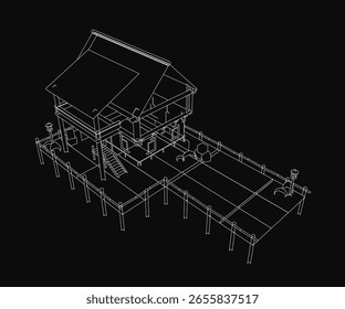 Un modelo 3D de una casa moderna con contornos limpios se encuentra sobre un fondo negro, destacando sus detalles arquitectónicos. El diseño evoca una estética costera con líneas suaves y equilibradas.
