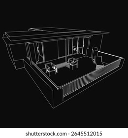 Um modelo 3D de uma casa moderna com um deck de madeira, com uma mesa exterior elegante e cadeiras, perfeito para noites de verão. O fundo escuro acrescenta uma atmosfera misteriosa à cena do terraço.