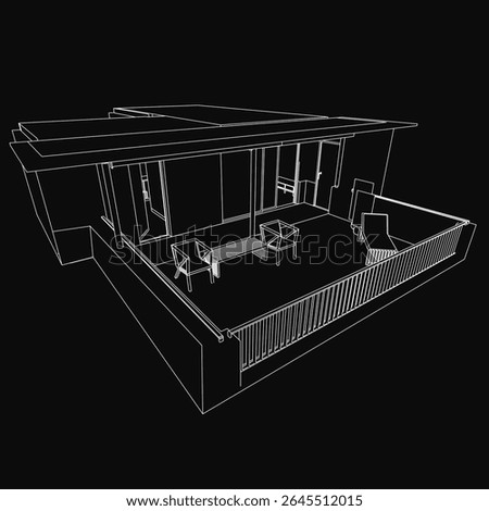 A 3D model of a modern house with a wooden deck, featuring a stylish outdoor table and chairs, perfect for summer evenings. The dark background adds a mysterious atmosphere to the terrace scene.