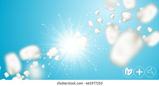 3d model of the molecule, water, drops of gold, collagen solution, serum and essence. Beautiful scientific background, science in cosmetics. Vector realistic illustration