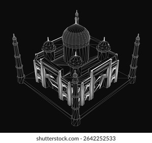 Um modelo 3D de uma mesquita com uma cúpula proeminente, projetado em um estilo reminiscente do Taj Mahal, situado contra um fundo escuro para contraste.