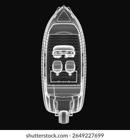 A 3D model of a motor boat blueprint displayed on a black background, highlighting detailed structural features. The design showcases the hull, engine placement.