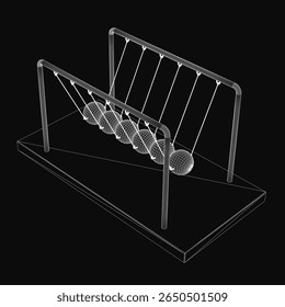 A 3D model of Newton's cradle features a metal frame suspending multiple kinetic balls in a pendulum motion. The sleek black background highlights the metallic sheen and dynamic movement.