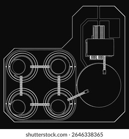 Um modelo em 3D de uma usina nuclear sobre um fundo preto apresenta um reator central e várias torres de resfriamento. A transformação industrial detalhada destaca a infraestrutura de energia