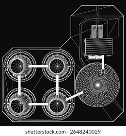 Um modelo em 3D de uma usina nuclear sobre um fundo preto apresenta um edifício de reator central, várias torres de resfriamento e tubulação detalhada. A renderização industrial superior destaca a energia.