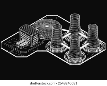 Um modelo 3D de uma usina nuclear com um fundo preto, com um edifício central e várias torres de resfriamento. A renderização detalhada destaca infraestrutura industrial e energia.