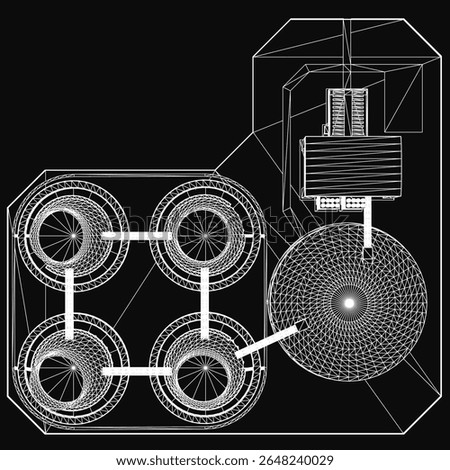 A 3D model of a nuclear power plant on a black background features a central reactor building, multiple cooling towers, and detailed piping. The top-view industrial rendering highlights energy.
