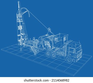 3d model outline coiled tubing truck. Wire-frame.