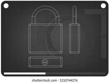 3d model of the padlock on a black background. Drawing